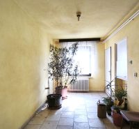 Innenraum eines Einfamilienhauses mit Zimmerpflanzen, einem Holzstuhl und Fliesenboden.