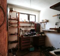 Werkstatt mit Regalen und Holztisch in einem Einfamilienhaus, Boden mit Holzdekor.