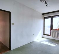 Innenraum eines Einfamilienhauses mit großem Fenster, freiliegendem Heizkörper und unauffälligen Dekorationen.
