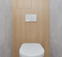 Toilette mit Unterputzsystem, Boden mit Holzdekor in einer 3-Zimmer-Wohnung.