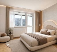 Schlafzimmer in einer 3-Zimmer-Wohnung mit Holzboden, beigen Möbeln und einem großen Fenster.