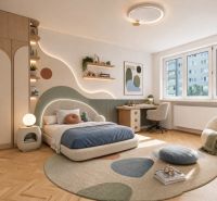 Kinderzimmer mit hellen Farben, Holzboden und rundem Teppich in einer 3-Zimmer-Wohnung.