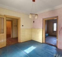 Ein Zimmer mit einem blauen Boden mit Holzdekor, alten Türen und Rissen in der Wand.