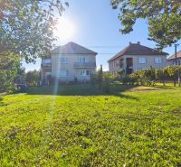 Der Garten des Einfamilienhauses in Čebovce, umgeben von Bäumen und Nachbarhäusern.