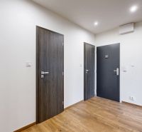 Flur in einer 4-Zimmer-Wohnung mit Holzboden und Türen.
