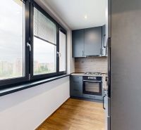 Küche in einer 4-Zimmer-Wohnung mit Aussicht, Holzboden, moderne Ausstattung.