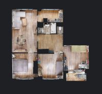 Grundriss einer 4-Zimmer-Wohnung mit Holzboden und Ausstattung.