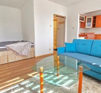 Ein Zimmer mit einem Holzboden, einem blauen Sofa und einer Kochnische.