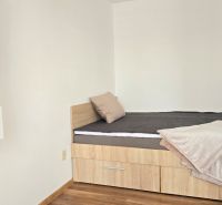 Einzelbett in einer Einzimmerwohnung mit Holzboden und Stauraum.