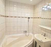 Ein Badezimmer in einer Einzimmerwohnung mit einer Eckbadewanne und einem beleuchteten Spiegel.