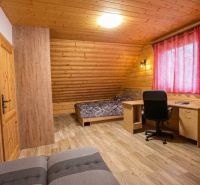 Ein Zimmer in einem Einfamilienhaus mit Holzwänden, einem Boden mit Holzdekor und einem Schreibtisch.