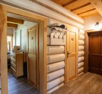 Innenraum eines Einfamilienhauses mit Holzwänden, einem Boden mit Holzdekor und Holztüren.