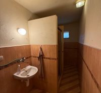 Ein Badezimmer in einem Einfamilienhaus mit einem Boden in Holzoptik und einer Duschkabine.