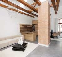 Wohnzimmer in einer 3-Zimmer-Wohnung mit Ziegelwand und Boden in Holzoptik.