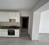 Küchenzeile mit Holzdekor in einer 3-Zimmer-Wohnung, Raum mit weißen Wänden.