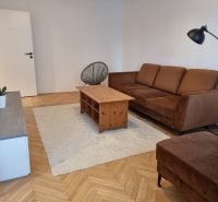 Wohnzimmer in einer Zweizimmerwohnung, braunes Sofa, Couchtisch, Boden mit Holzdekor.