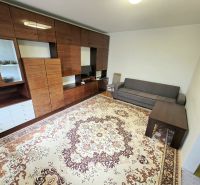 Wohnzimmer in einer 3-Zimmer-Wohnung mit Möbeln und einem Teppich auf einem Boden mit Holzdekor.