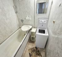 Badezimmer mit Badewanne, Toilette, Waschmaschine und Spiegel in einer 3-Zimmer-Wohnung.