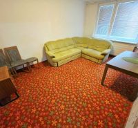 Wohnzimmer in einer 3-Zimmer-Wohnung mit einem Blumenmusterteppich und einer Eckcouch.