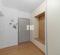 Eingangsbereich mit hellen Möbeln und einem Boden in Holzoptik in einer 4-Zimmer-Wohnung.