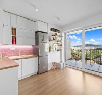 Küche in einer 4-Zimmer-Wohnung mit Balkon und Boden in Holzoptik.