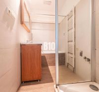 Badezimmer in einem Einfamilienhaus mit Dusche, Waschbecken und Heizkörper, Boden mit Holzdekor.