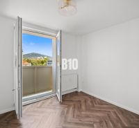 Ein Zimmer in einer 3-Zimmer-Wohnung mit Aussicht und einem Boden in Holzoptik.