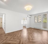 Wohnzimmer in einer 3-Zimmer-Wohnung mit gemustertem Boden in Holzoptik.