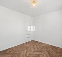 Weiße Wand und Boden mit Holzdekor in einer 3-Zimmer-Wohnung.