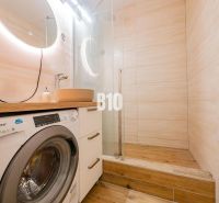 Badezimmer in einer Einzimmerwohnung mit Waschmaschine, Spiegel und Boden in Holzoptik.