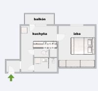 Grundriss einer 1-Zimmer-Wohnung mit Balkon und Küche.