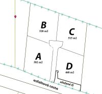 Baugrundstücke in Nové Sady: vier Parzellen (A, B, C, D) an einer Asphaltstraße.