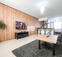 Wohnzimmer mit Teppich, Fernseher und Holzdekor in einem Einfamilienhaus.