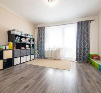 Ein Zimmer in einem Einfamilienhaus mit einem Boden in Holzoptik, einem Regal und Spielzeug.
