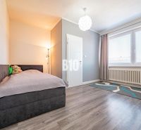 Ein Zimmer in einem Einfamilienhaus mit einem Boden in Holzoptik, einem Bett und einem Teppich.