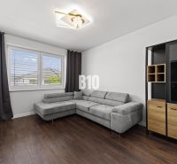 Wohnzimmer mit Ecksofa, Boden mit Holzdekor, Schrank.