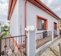 Ein Einfamilienhaus in Nitra mit weißer Fassade, roter Umrandung und einem Garten.
