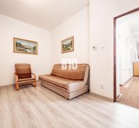 Ein Zimmer in einem Einfamilienhaus mit einem Sofa, einem Sessel und einem Boden in Holzoptik.
