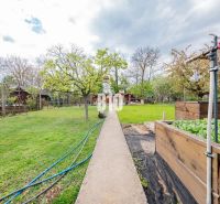 Ein Garten in einem Einfamilienhaus in Nitra mit einem Gehweg, Grünflächen und Hochbeeten.