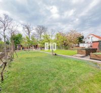 Blick von einem Einfamilienhaus in Nitra mit Rasen und Gartenbeeten.