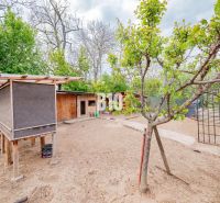 Ein Garten mit Holzbauten und Bäumen bei einem Einfamilienhaus in Nitra.
