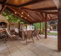 Überdachte Terrasse mit Kamin und Holzstühlen bei einem Einfamilienhaus in Nitra.