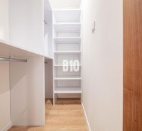 Ein Kleiderschrank in einer 3-Zimmer-Wohnung mit Regalen und einem Boden in Holzoptik.