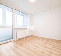 Ein geräumiges Zimmer in einer 3-Zimmer-Wohnung mit großen Fenstern und einem Boden in Holzoptik.