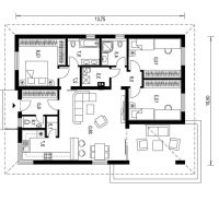 Grundriss eines Einfamilienhauses mit drei Zimmern und einer Küche in Nitra.