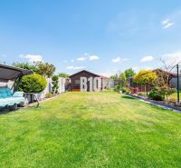 Der Garten eines Einfamilienhauses in Nitra mit gepflegtem Rasen und einer Gartenschaukel.