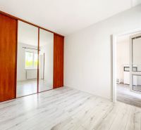 Ein reines weißes Interieur mit einem großen Spiegelschrank und einem Holzboden in einer 2-Zimmer-Wohnung.