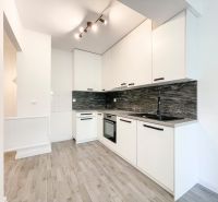 Küche in einer 2-Zimmer-Wohnung mit weißen Schränken und einem Boden in Holzoptik.