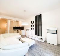 Helles Wohnzimmer in einer 2-Zimmer-Wohnung mit einem bequemen Sofa und einem Boden in Holzoptik.