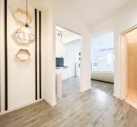 Der Flur in der 2-Zimmer-Wohnung mit einem Boden in Holzoptik und moderner Beleuchtung.